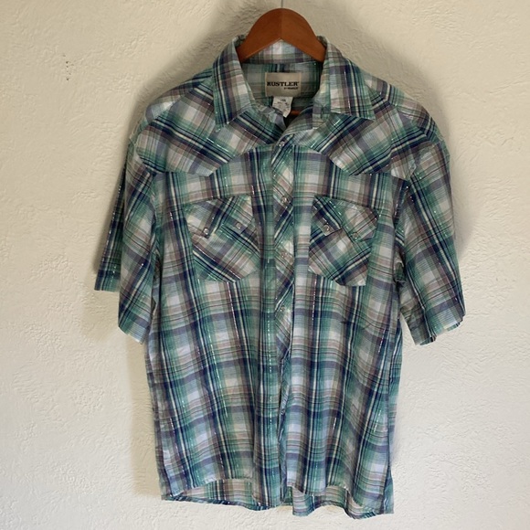 Men’s Vintage sparkle Pearl snap button up large Rustler teal blue purple cowboy - Picture 3 of 9